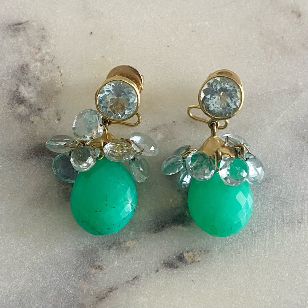 Chrysoprase and blue topaz 14K gold cluster earrings.